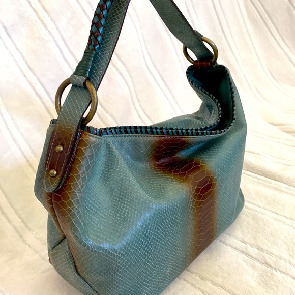 Adrienne Vittadini Snake Skin Leather Hobo Handbag in Teal and Brown